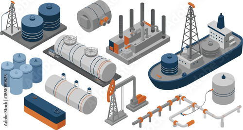 Isometric oil and gas industry illustration set featuring drilling rigs, pipelines, tankers, refineries, storage tanks, and energy infrastructure elements