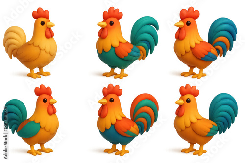 Vibrant cartoon rooster icons set for creative design and decoration