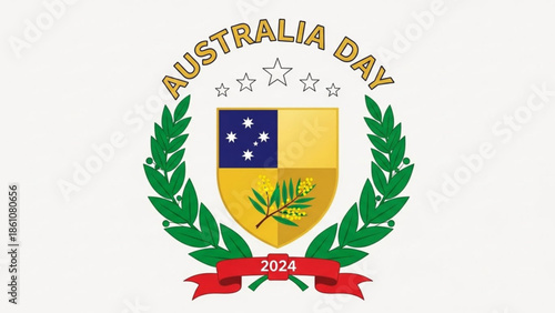 Australia day 2024 emblem with laurel wreath and shield featuring australian flag and floral elements