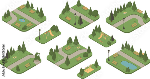 Isometric park landscape illustration set with benches, trees, playgrounds, ponds, pathways, urban green spaces for city map design