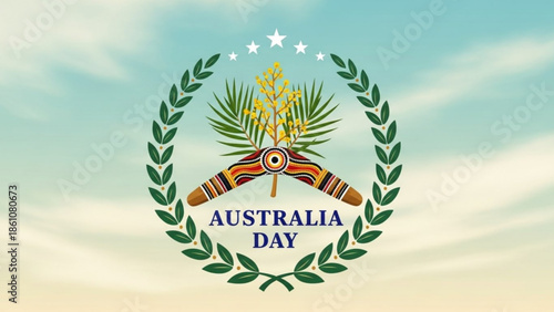 Australia day emblem with laurel wreath, boomerangs, and floral elements on a cloudy sky background