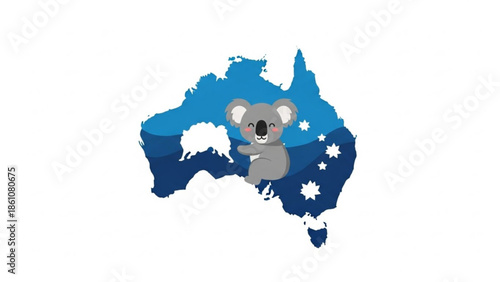 Cute cartoon koala on australia map with stars, blue gradient background, white stars, vector illustration