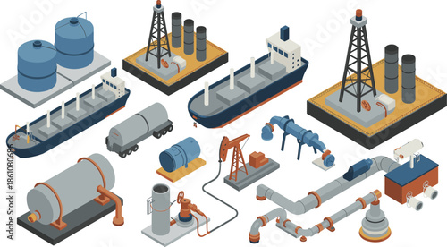 Isometric oil and gas industry illustration set featuring drilling rigs, pipelines, tankers, refineries, storage tanks, and energy infrastructure elements