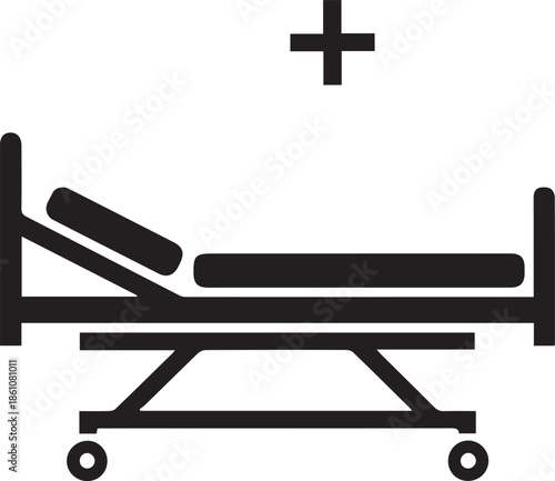 Minimalist black vector icon of a hospital bed with an adjustable headrest and a medical cross symbol above it, representing clinical care, inpatient services, or emergency medical facilities.