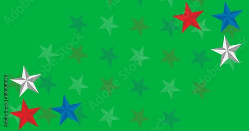 Digital animation of multiple red, blue and white stars against back background