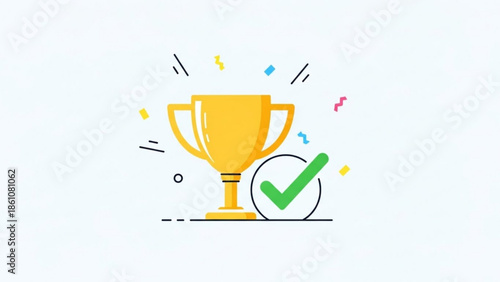 Golden trophy cup with green checkmark and colorful confetti celebrating achievement and success in a modern flat design style