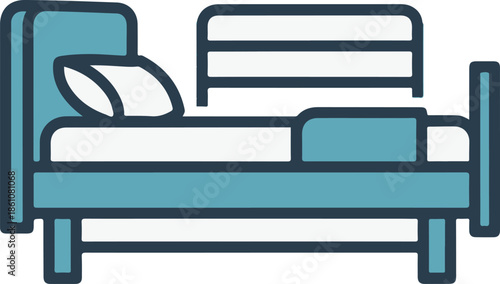 A minimalist vector icon of a hospital bed in shades of teal and dark blue. The clean design features a white mattress, pillow, and headboard, symbolizing medical care and patient recovery.
