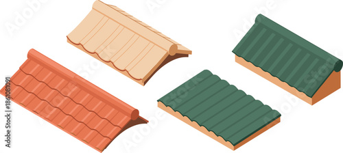 Isometric roof tiles illustration set showing ceramic and metal roofing materials, construction elements, architectural building components for housing design projects