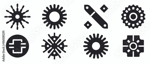 a collection of black mechanical gear icons on a white 