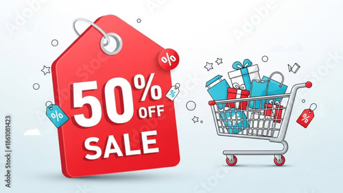 Sale shopping cart with 50 percent off discount tag and gifts