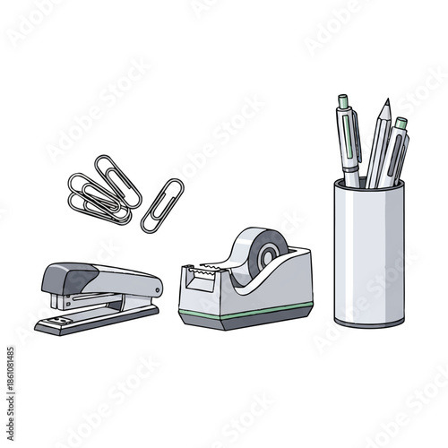 Cartoon illustration of office supplies including a stapler, paper clips, tape dispenser, and pen holder with writing utensils on a clean white background.