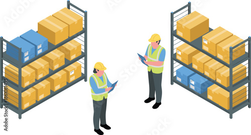 Isometric warehouse management illustration with workers checking inventory, shelves full of boxes, logistics storage, supply chain, and distribution center operations