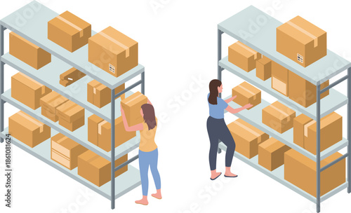 Isometric warehouse storage illustration with workers organizing cardboard boxes on shelves, inventory management, logistics operations, supply chain stock control concept