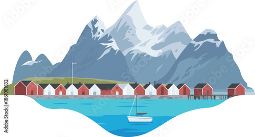 Minimalist Nordic coastal village illustration with red houses, blue fjord water, sailboat, and snowy mountains, Scandinavian landscape vector design