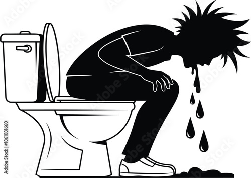 Person vomiting into toilet silhouette illustrating food poisoning, illness, nausea or alcohol intoxication concept isolated on white background graphic