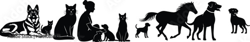 Pet and human size comparison silhouettes featuring dogs, cats, horse, and person illustrating domestic animal scale lineup in clean black vector style