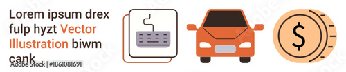 Automotive services, online transactions, e-commerce, financial management, technology integration, payment solutions. Car, keyboard and currency coin icons. Automotive services and online