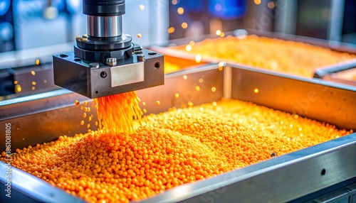 Close-up of an advanced industrial machine precisely dispensing vibrant orange granular material during a modern manufacturing operation