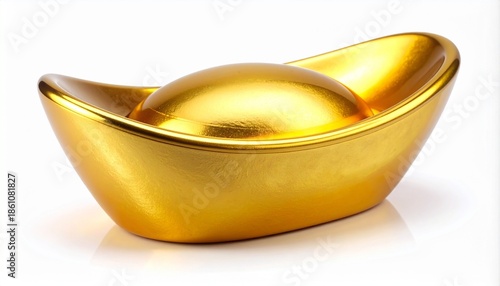 Traditional Chinese gold ingot (yuanbao), shiny metallic gold texture, smooth curved shape, highly detailed surface, realistic studio lighting, soft natural shadows, isolated on pure white background,