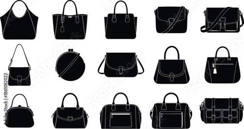 Set of Black Silhouettes Representing Various Bag Styles Including Handbags Totes Crossbody Bags Messenger Bags and Satchels for Fashion and Retail Concepts