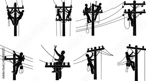 Set of Black Silhouettes Representing Professional Utility Linemen and Electrical Technicians Working on Power Lines for Energy Maintenance and Infrastructure Concepts