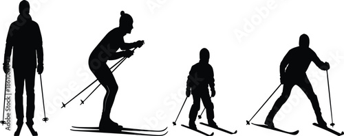 Set of Black Skier Silhouettes Featuring Men Women and Children Cross Country Skiing for Winter Sports Outdoor Recreation and Mountain Activity