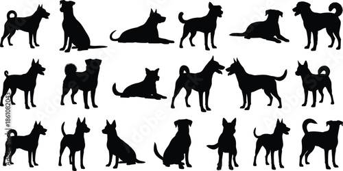 Set of Black Silhouettes Representing Various Dog Breeds in Different Poses Including Standing Sitting and Lying Down for Pet Care Concepts