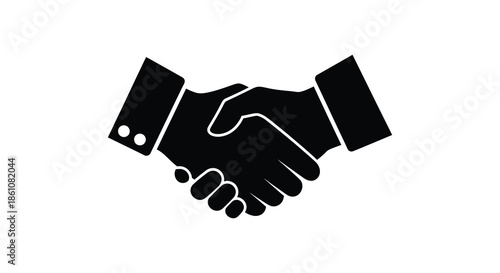 A graphic illustration of two hands firmly shaking in agreement depicted as a silhouette