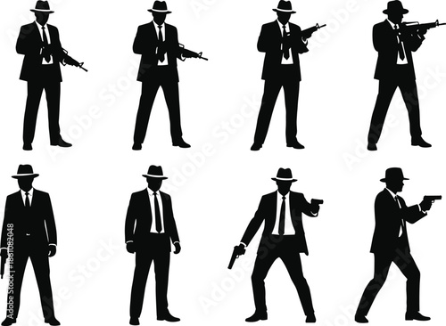 Set of black silhouettes showing mafia gangsters in suits and hats holding guns and pistols in various poses.
