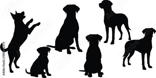 Set of black vector silhouettes of cute dogs and puppies sitting standing and jumping isolated on white.