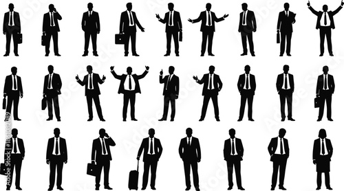 Set of Businessmen Silhouettes Vector Collection in Suits with Briefcases, Phones, and Different Poses for Corporate, Finance, Success, and Executive Designs.