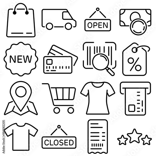 Shopping and E-commerce Essentials Icon Set Outline Style (Part 1)