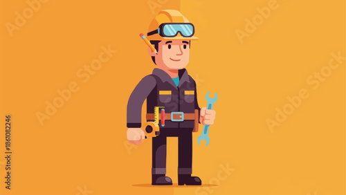Cartoon construction worker holding blueprints wearing hard hat and safety glasses.