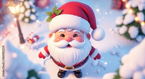 3D cartoon Santa Claus in snowy scene.