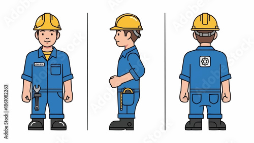 Cartoon construction worker in uniform and hard hat from three angles.