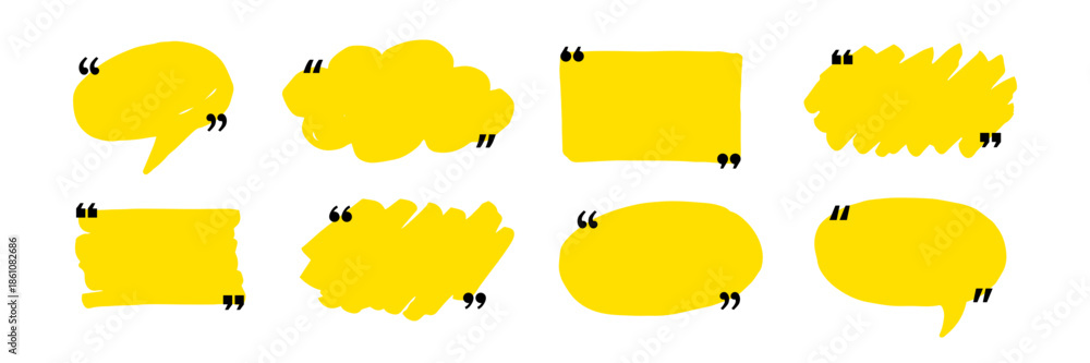 Fototapeta premium Text box frame set with quotation mark. Hand drawn marker brush stroke text speech message frame background. Quotation mark dialog speech, square, chat banner design template. Vector illustration