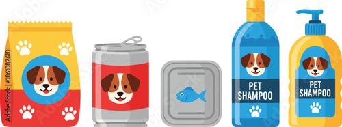 Pet food and grooming product vector set with dog and fish packaging, animal care supplies illustration for pets