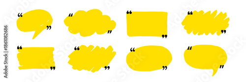 Text box frame set with quotation mark. Hand drawn marker brush stroke text speech message frame background. Quotation mark dialog speech, square, chat banner design template. Vector illustration