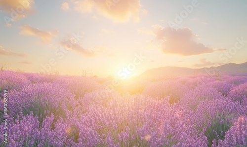 Serene lavender field at sunset with soft purple blooms stretching into the horizon, golden light creating a tranquil and picturesque landscape, perfect for nature photography,