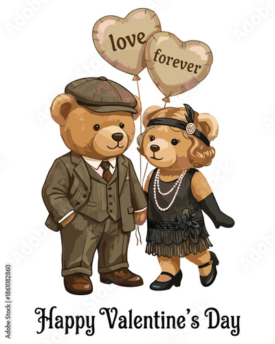 Vintage couple teddy bears in 1920s attire, holding hands with 'love forever' balloons, celebrating Valentine's Day, vector illustration.