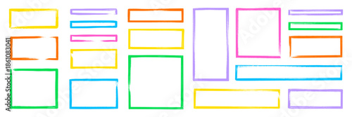 Rectangle photo frame with color brush strokes and rough edges. Color photo rectangle, box border. Hand drawn brush stroke texture stamp shape set with rough edge effect. Vector illustration