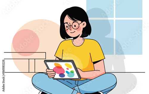 Young woman working on laptop at home creative workspace illustration