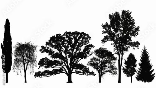 Collection of diverse tree silhouettes against a white background.