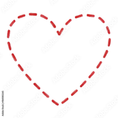 Red dashed line heart shape outline displays stitch effect path or sewing border drawn in colored pencil style. Isolated on transparent background, png.