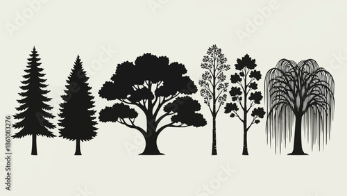 Collection of diverse tree silhouettes in black and white.