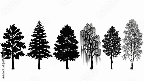 Collection of diverse tree silhouettes in black and white.