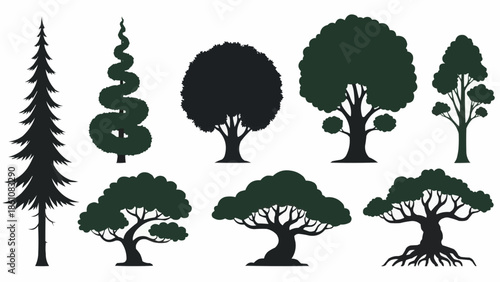 Collection of diverse tree silhouettes in various shapes and sizes.