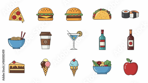 Collection of delicious food and drink icons for design.