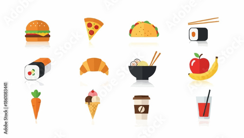 Collection of delicious food and drink icons on white background.