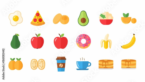 Collection of delicious food and drink icons in flat design style.
